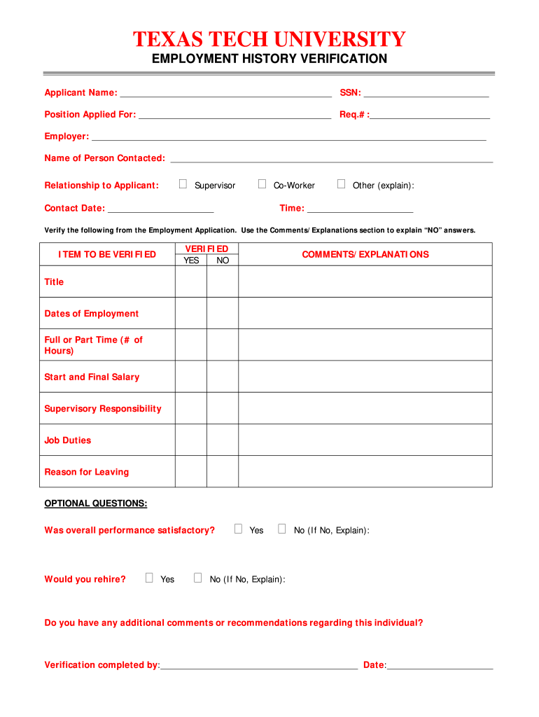 Employment History Verification Form