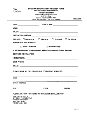 Diploma Replacement Request Form Towson University Towson