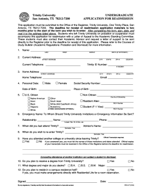  Application for Readmission Trinity University Web Trinity 2003