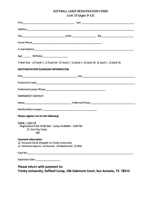 SOFTBALL CAMP REGISTRATION FORM Trinity University Web Trinity