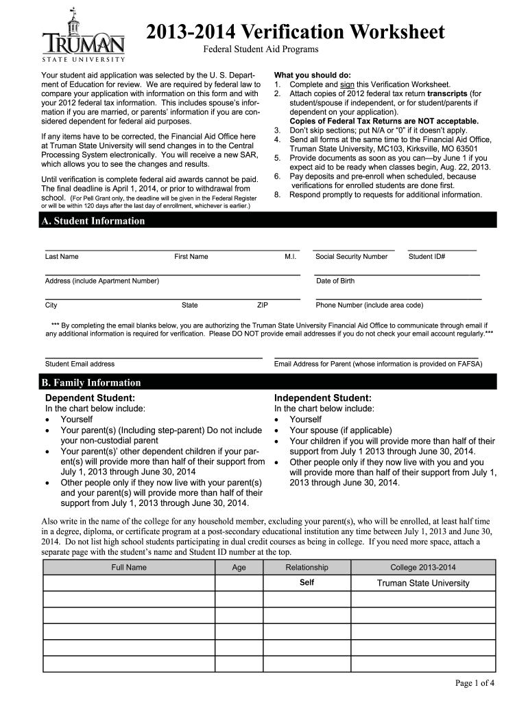  Verification Worksheet  Financial Aid Home  Truman    Financialaid Truman 2014
