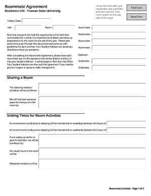 Roommate Agreement Form Residence Life Truman State