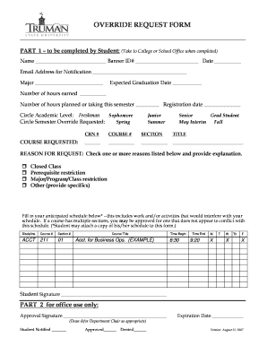 Override Request Form the Registrar Truman State University Registrar Truman