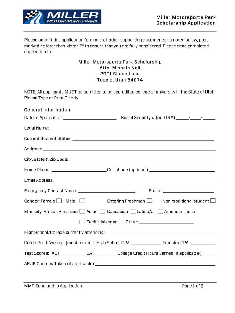 Miller Motorsports Park Scholarship Form
