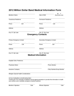 Million Dollar Band Medical Information Form University of Bands Ua