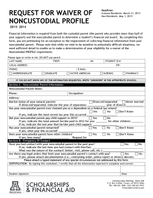 REQUEST for WAIVER of NONCUSTODIAL PROFILE Financialaid Arizona  Form