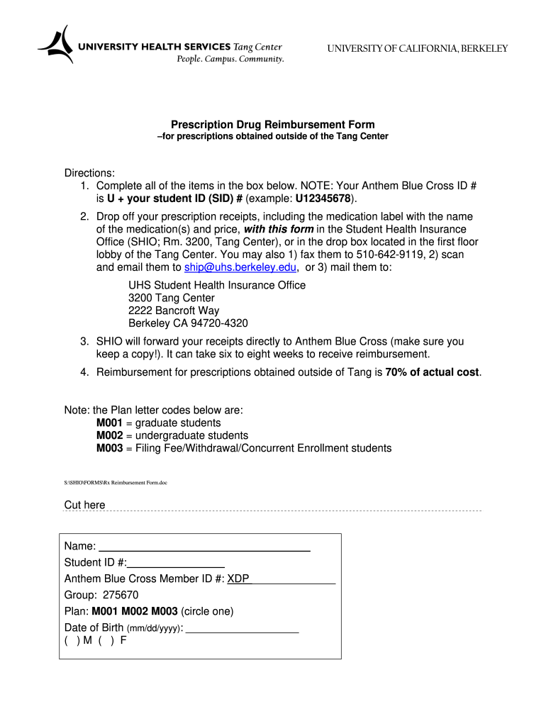 Prescription Drug Reimbursement Form University Health Services Uhs Berkeley