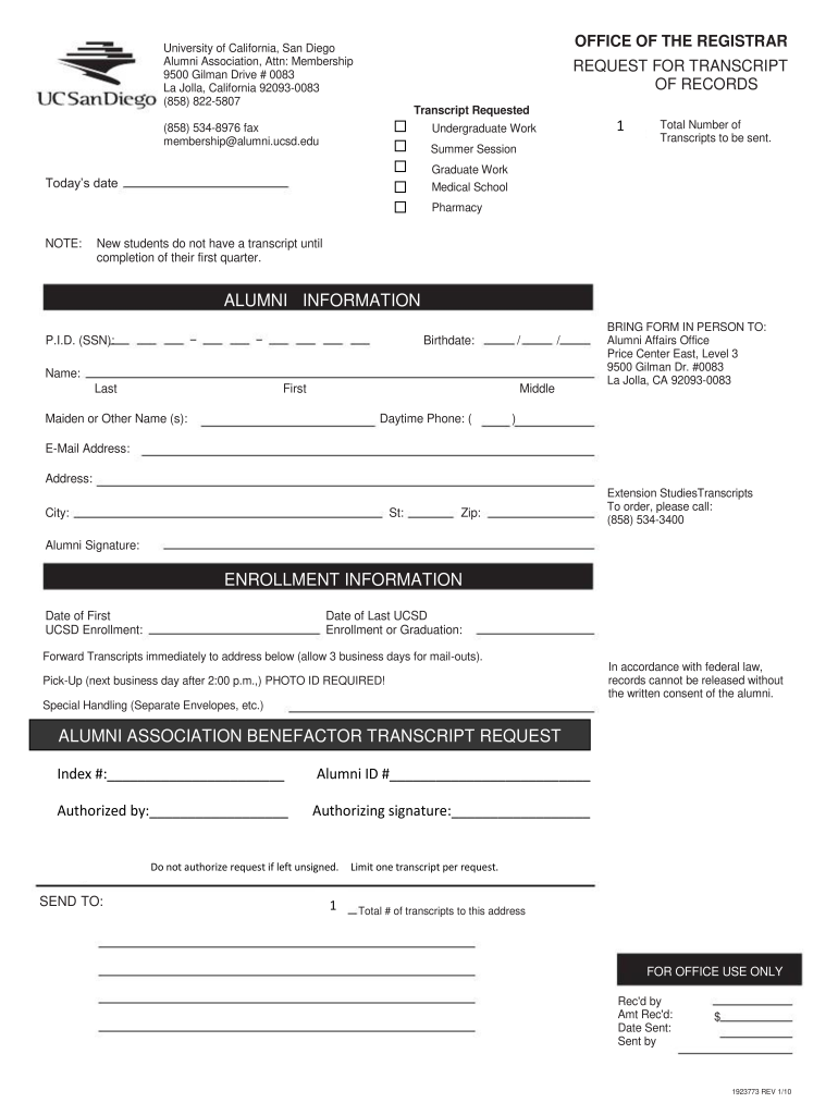 UCSD Alumni Benefactor Transcript Request Form  Alumni Ucsd