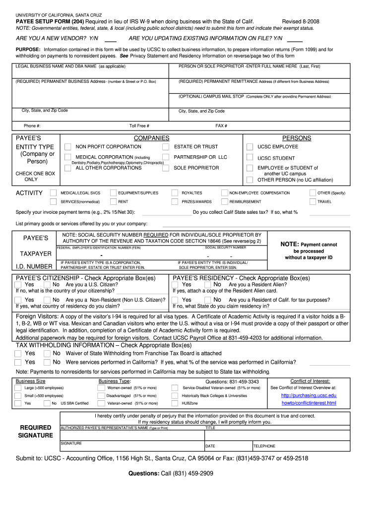 Payee Setup 204 Online Form  University of California, Santa Cruz  Cbse Ucsc