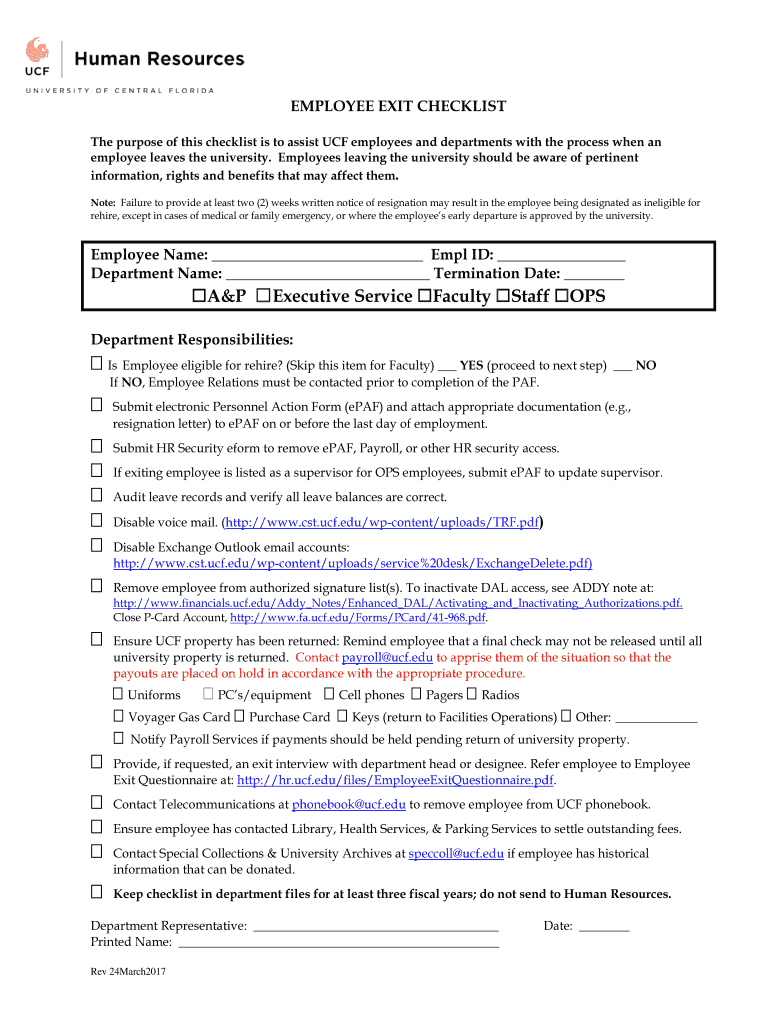 The Purpose of This Checklist is to Assist UCF Employees and Departments with the Process When an  Form