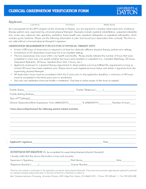 Clinical Observation Verification Form University of Dayton Udayton