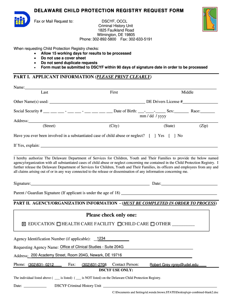 Delaware Child Protection Registry  Form