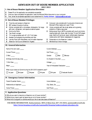 Akwekon Out of House Member Application Living at Cornell Living Sas Cornell  Form