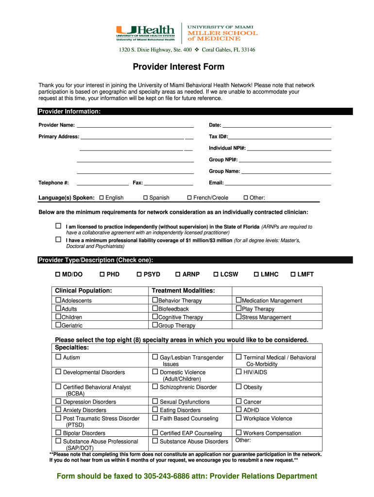 Provider Interest Form UMBH University of Miami Umbh Med Miami