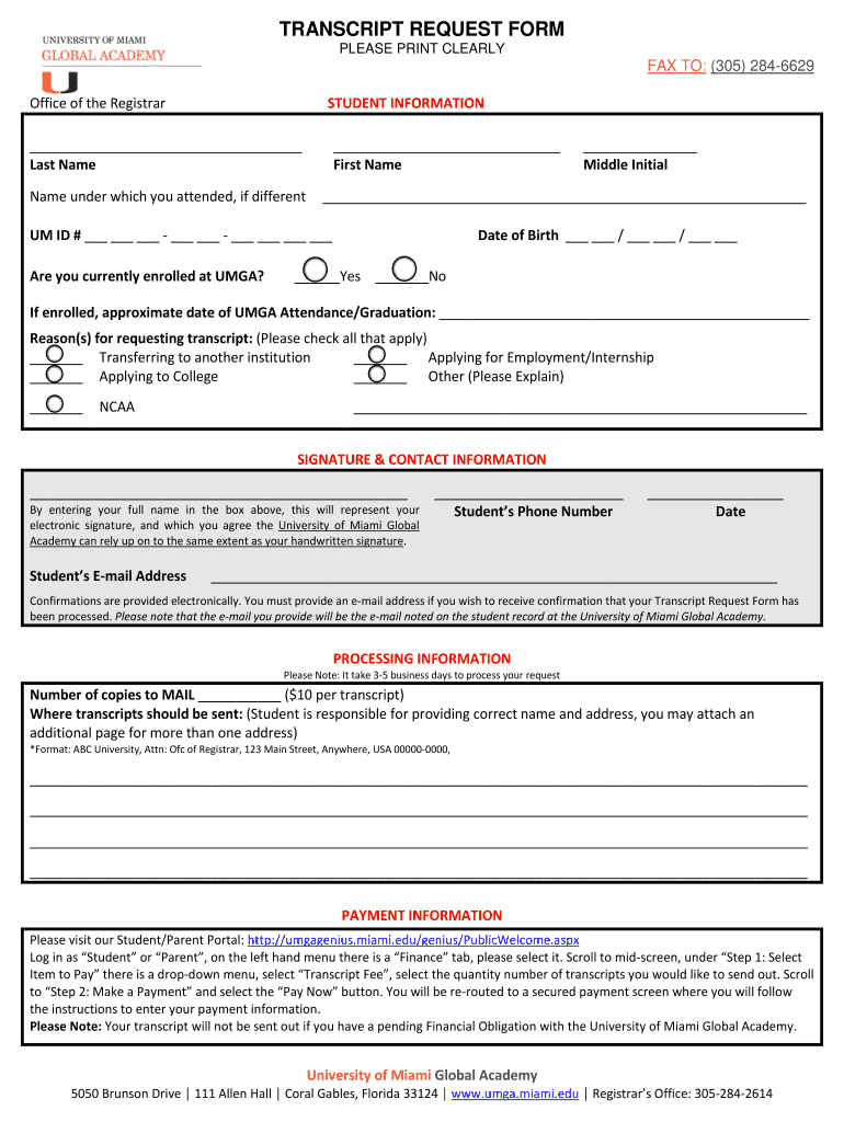 Miami University Transcript Request  Form