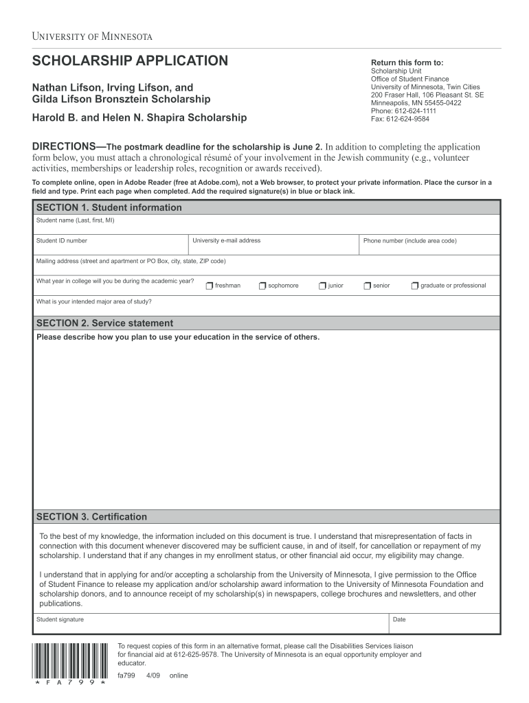  Lifson Scholarship Application Form  University of Minnesota  Policy Umn 2009