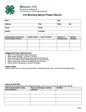 Y7405, Shooting Sports Project Record Fillable PDF Missouri 4 H 4h Missouri  Form