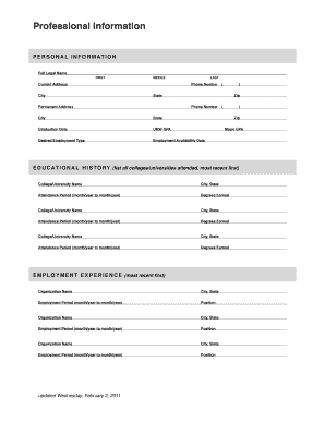 Professional Information Form My Umwestern