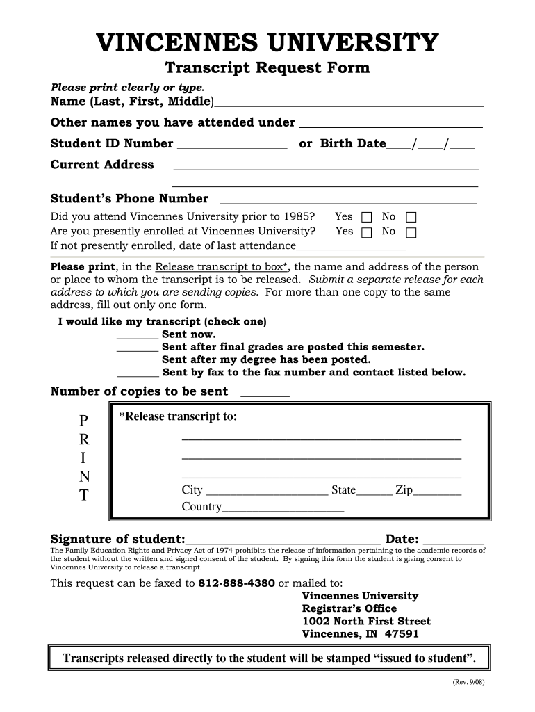 Get and Sign Vincennes University Transcript Request Online Form 2008