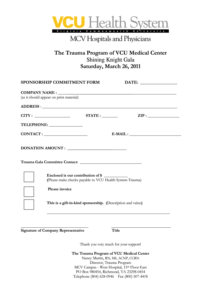  Sponsorship Commitment Form VCU Trauma Center Injury 2011
