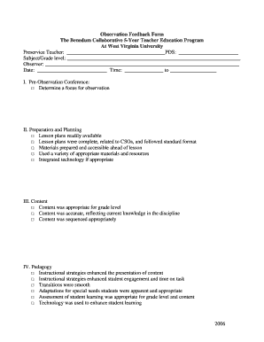 Benedum Collaborative 5 Year Teacher Education Observation Feedback Form