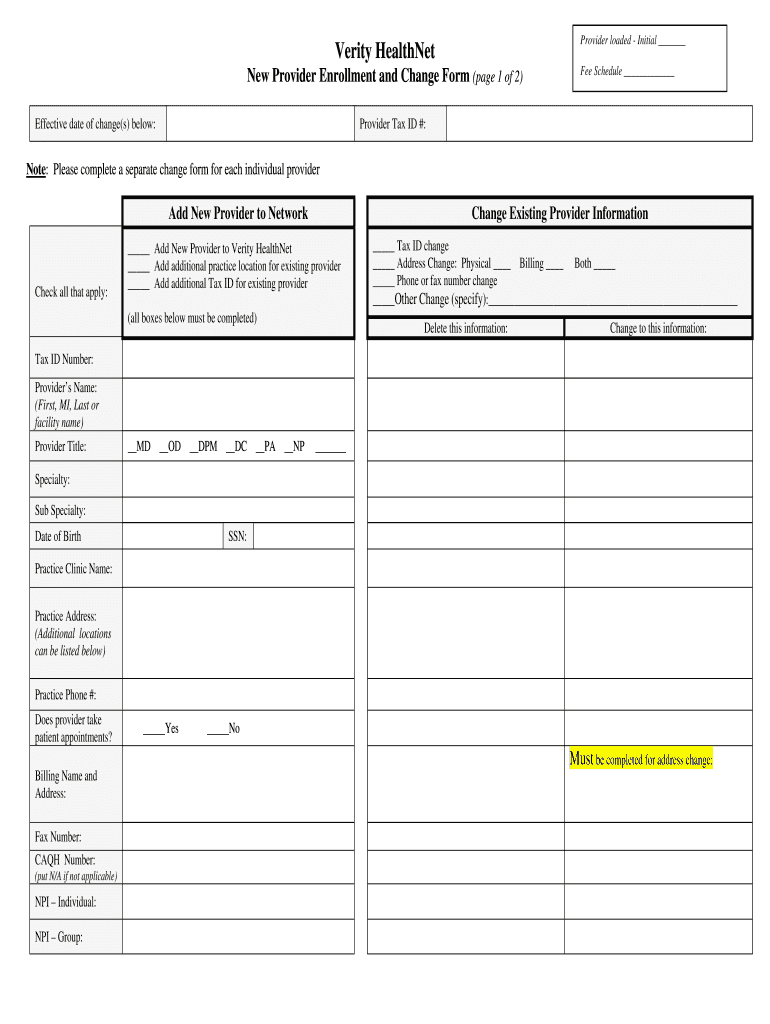 Verity Healthnet Provider Directory  Form