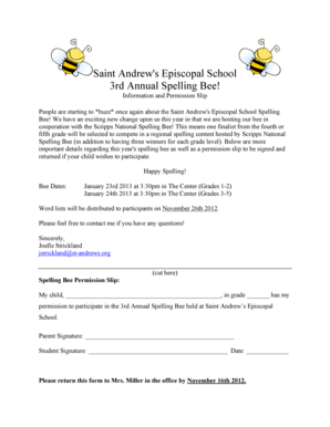 Spelling Bee Permission Slip  Form