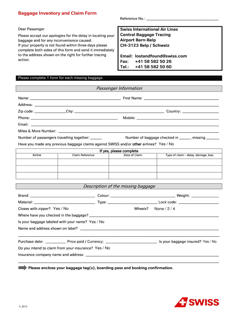 Baggage Inventory and Claim Form Passenger Information  Swiss