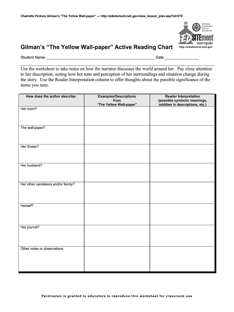 The Yellow Wallpaper Active Reading Chart Answer Key  Form