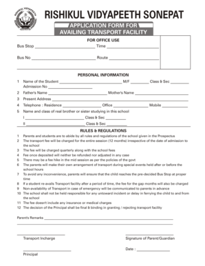 Application for Transport Facility for Students  Form