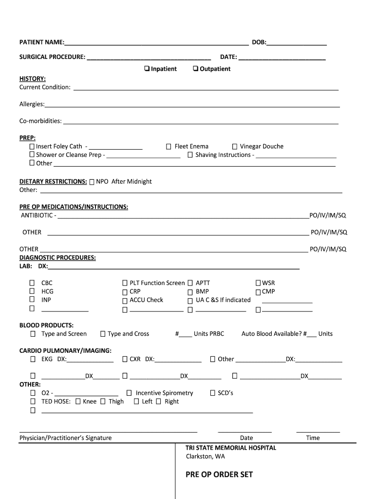 pre op physical exam template