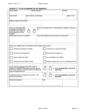 AAC022 Application for Enrolment as a Cadet Australian Army  Form