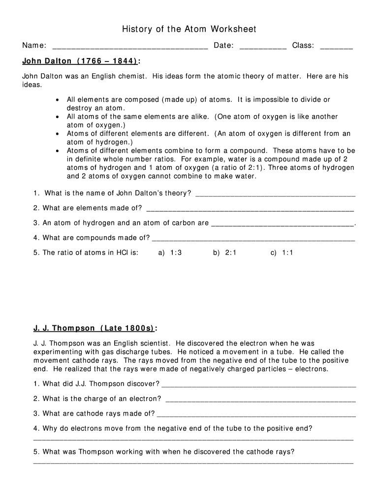 History of the Atom Worksheet  Form