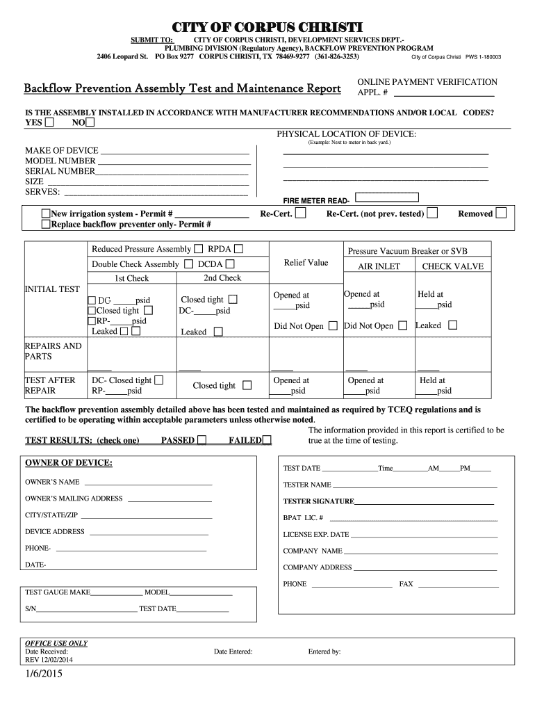  Backflow Test and Maintenance Report  City of Corpus Christi 2015-2024