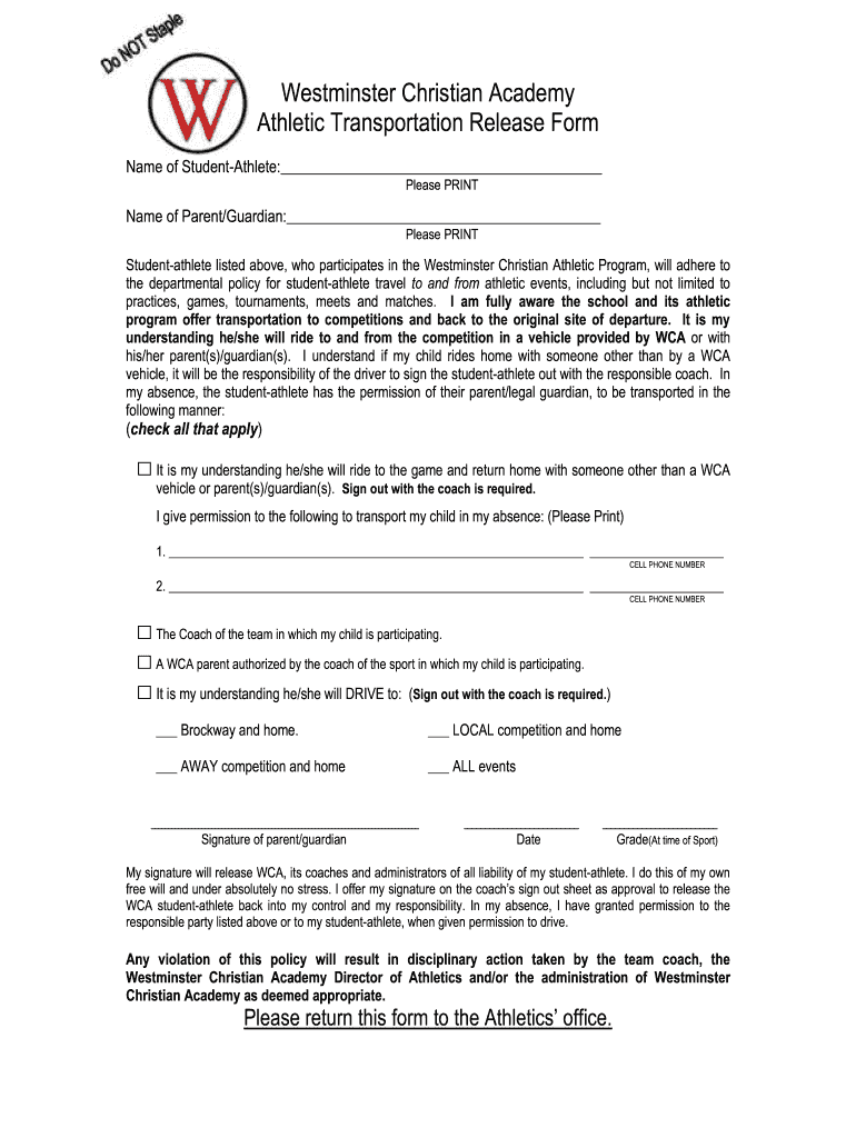 Westminster Christian Academy Athletic Transportation Release Form Wca Hsv