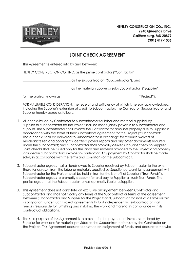 Joint Check Agreement Template  Form