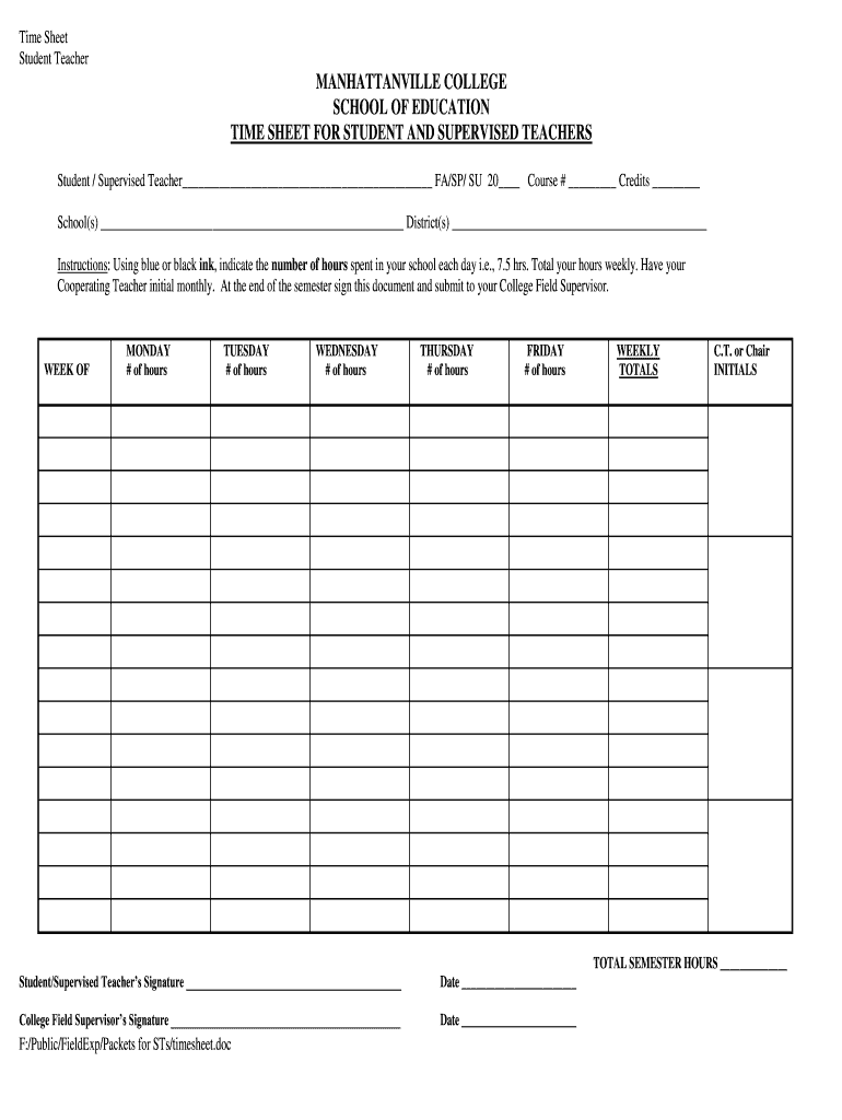 Time Sheet for Student and Supervised Teachers  Manhattanville  Manhattanville  Form