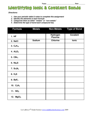 Identifying Ionic and Covalent Bonds Worksheet Answer Key  Form