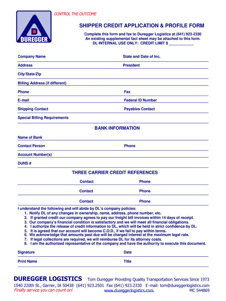 SHIPPER CREDIT APPLICATION Amp PROFILE FORM