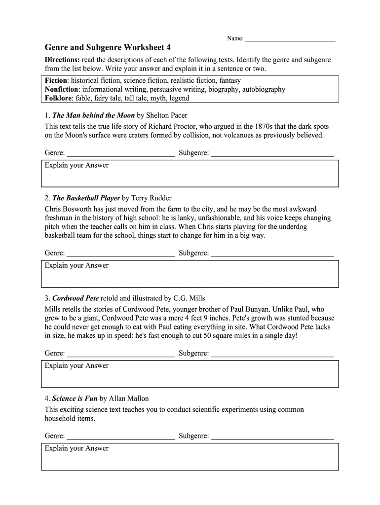 Genre and Subgenre Worksheet 9th Grade Rtf  Form