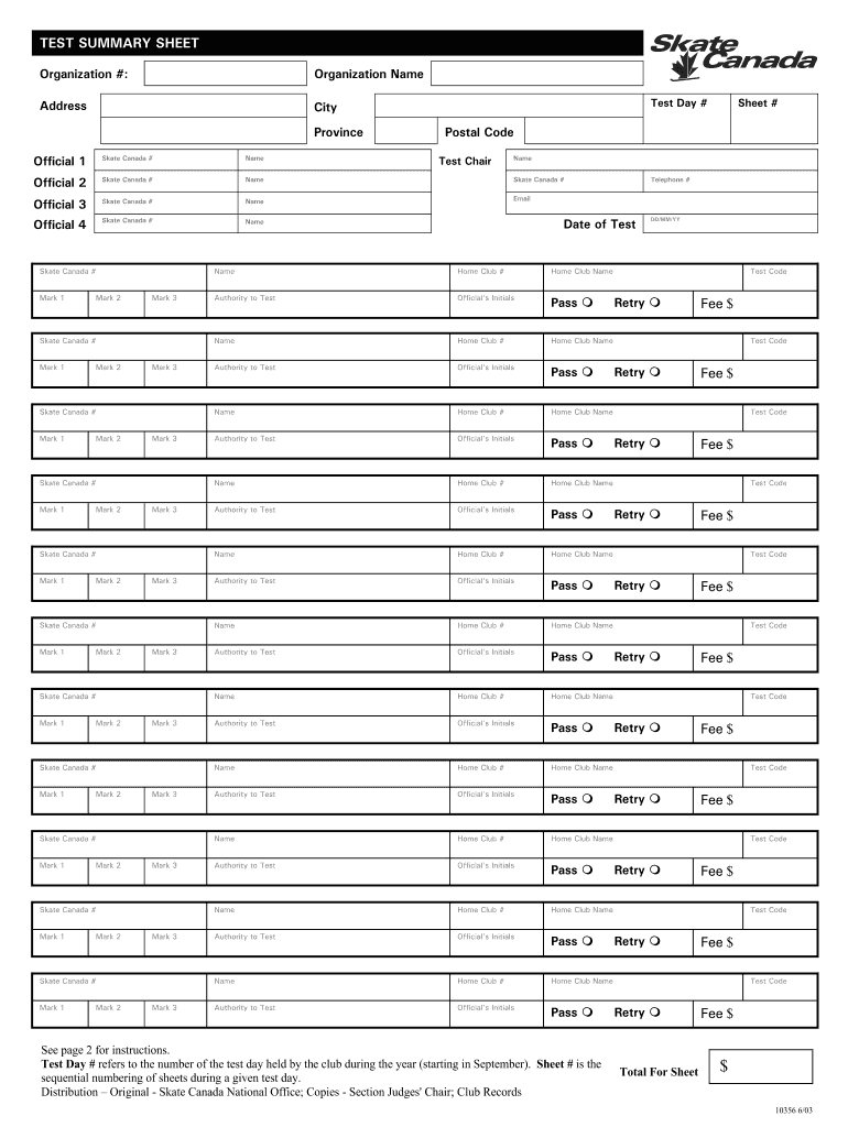  Test Summary Sheet Skate Canada Central Ontario 2003