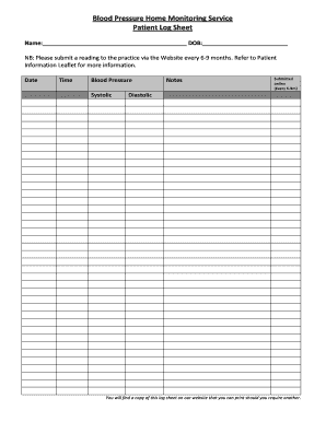 Blood Pressure Home Monitoring Service Patient Log Sheet Crossdeepsurgery Co  Form