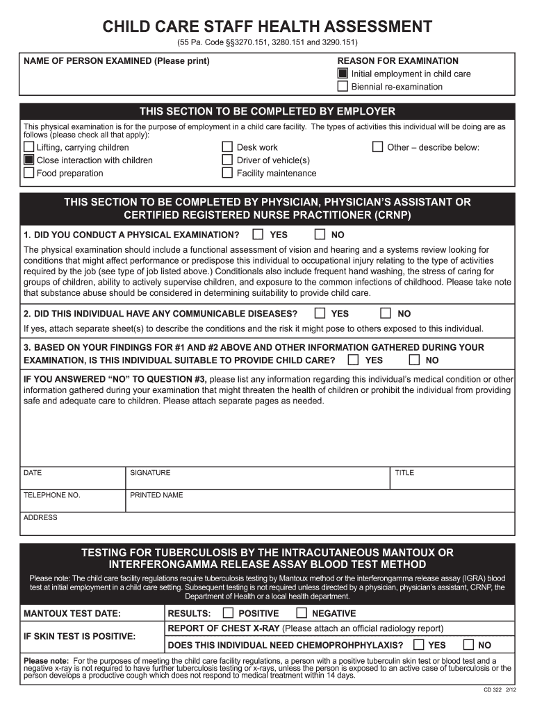  Day Care Health Form Pa 2012-2024