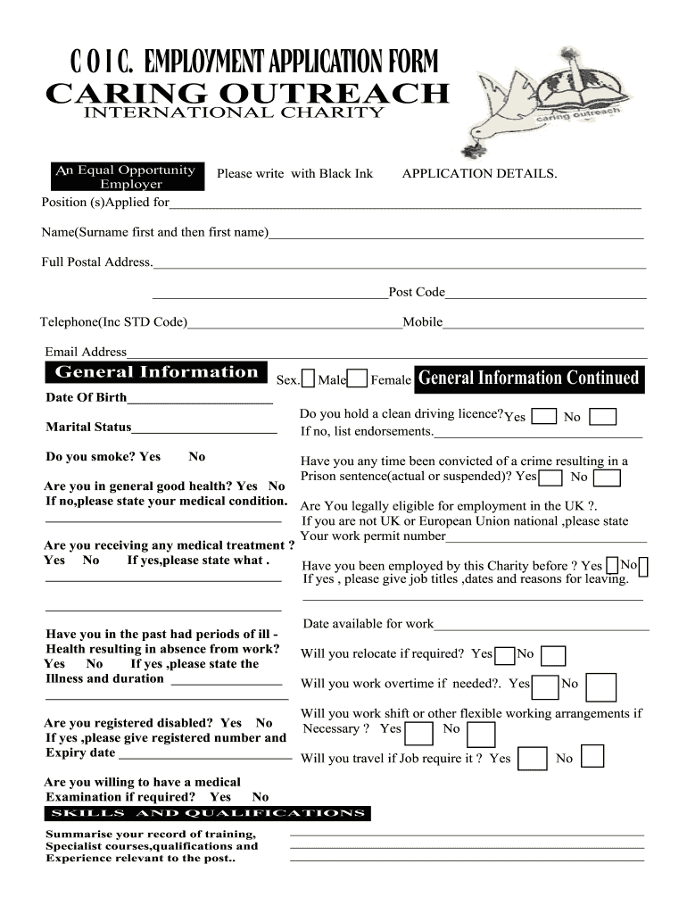 C O I C EMPLOYMENT APPLICATION FORM CARING Caringoutreachcharity