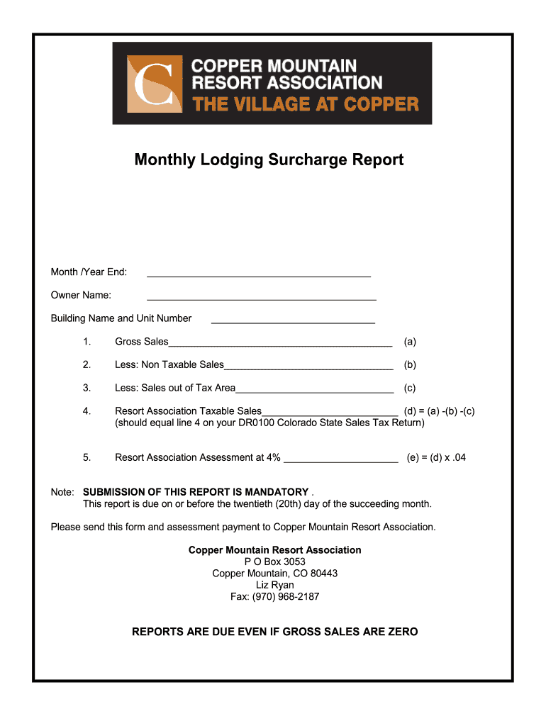 CMRA Monthly Lodging Surcharge Report Form Copper Mountain
