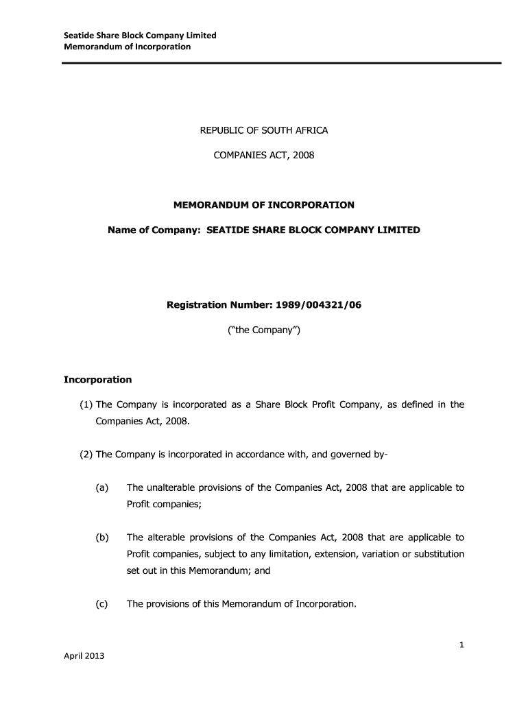  Sample Memorandum of Incorporation 2013-2024