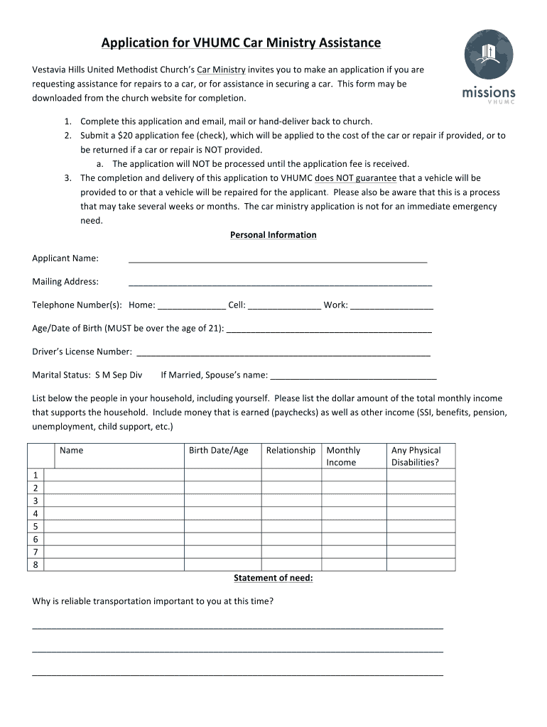 Vhumc Car Ministry Assistance Applications  Form