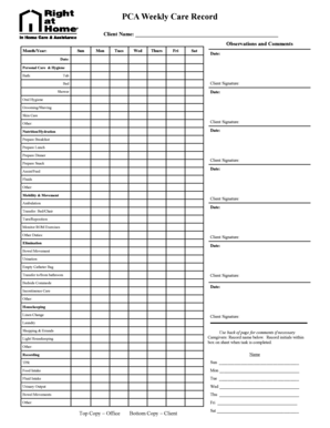 Pca Weekly Care Record Form