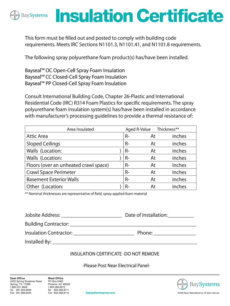 Insulation Certificate  Form