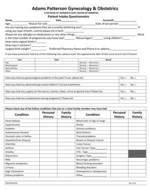 Patient Medical History Form Adams Patterson